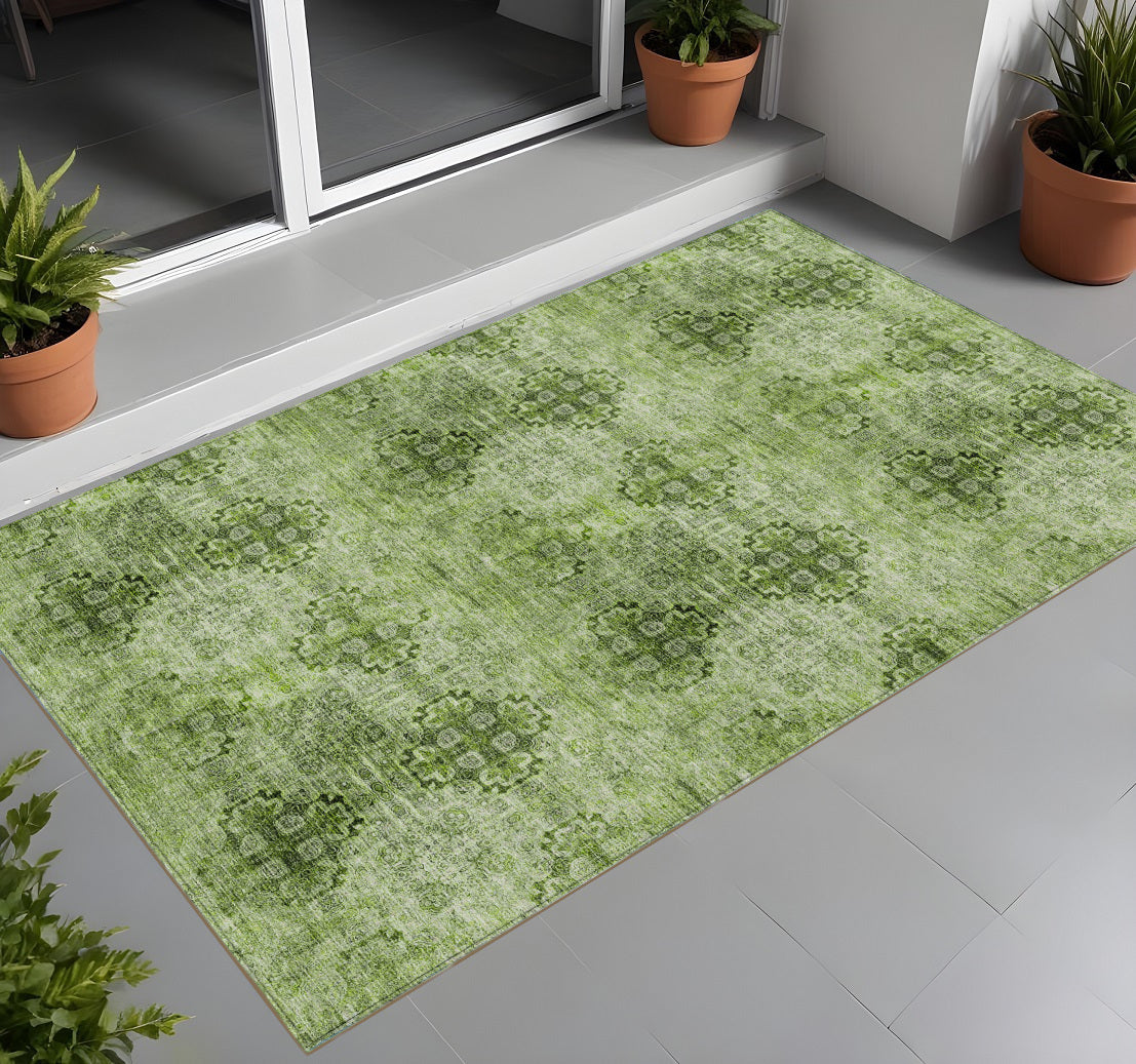 3' X 5' Olive Green Floral Medallion Washable Non Skid Indoor Outdoor Area Rug
