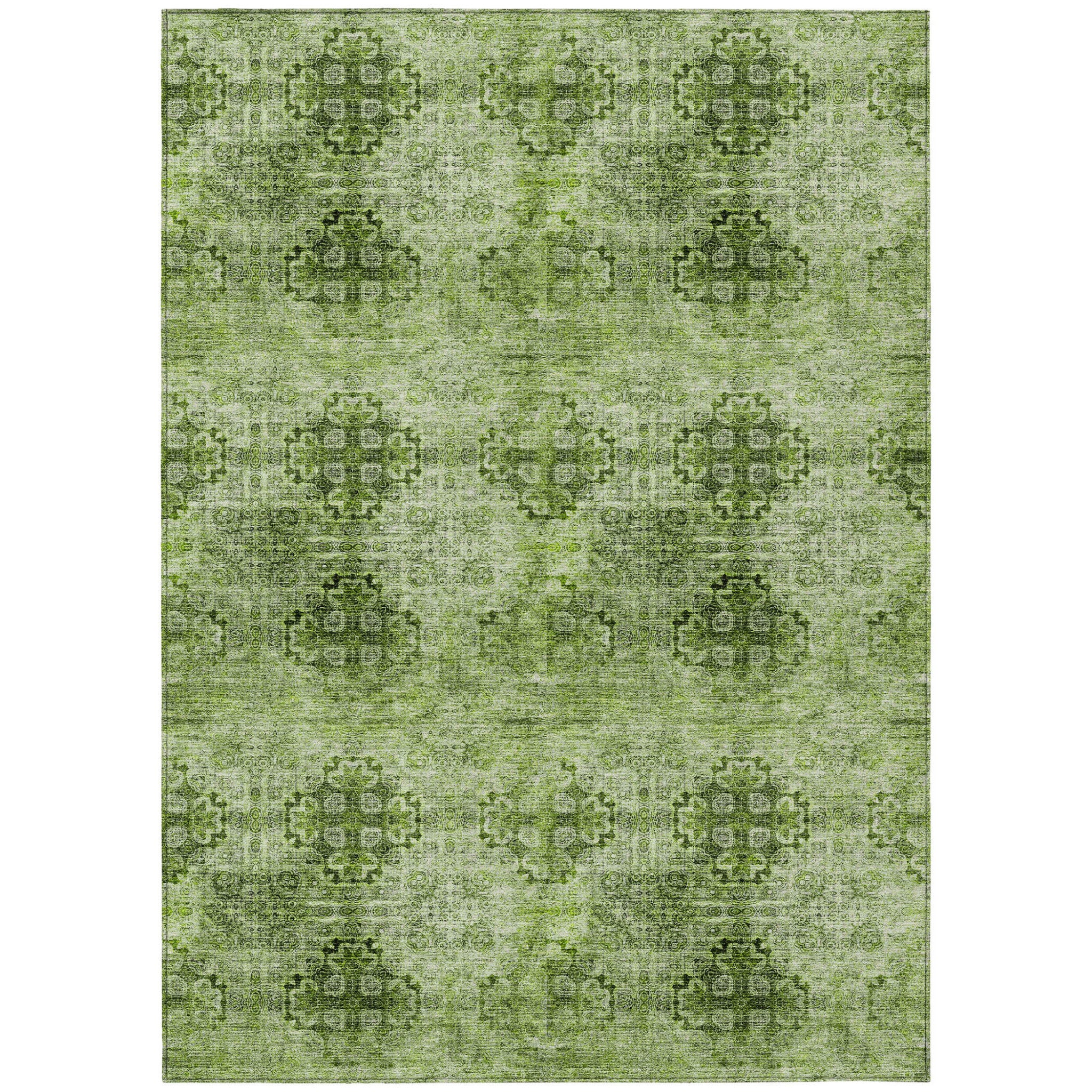 9' X 12' Olive Green Floral Medallion Washable Non Skid Indoor Outdoor Area Rug