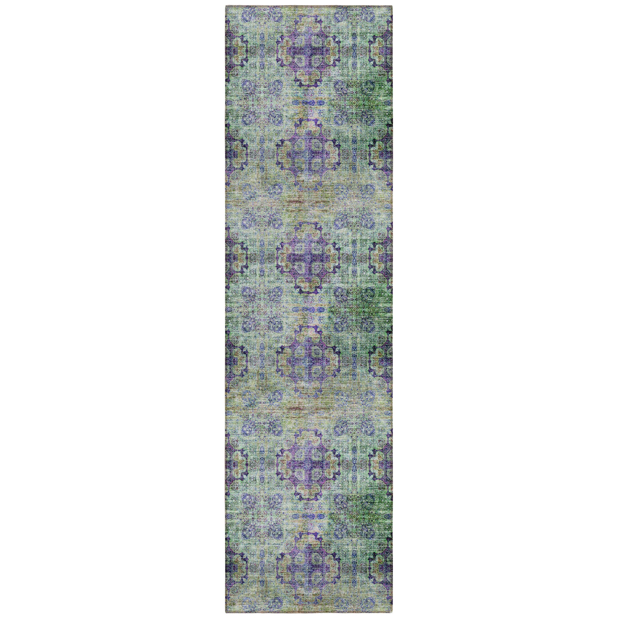 8' Runner Purple And Green Floral Medallion Washable Non Skid Indoor Outdoor Runner Rug