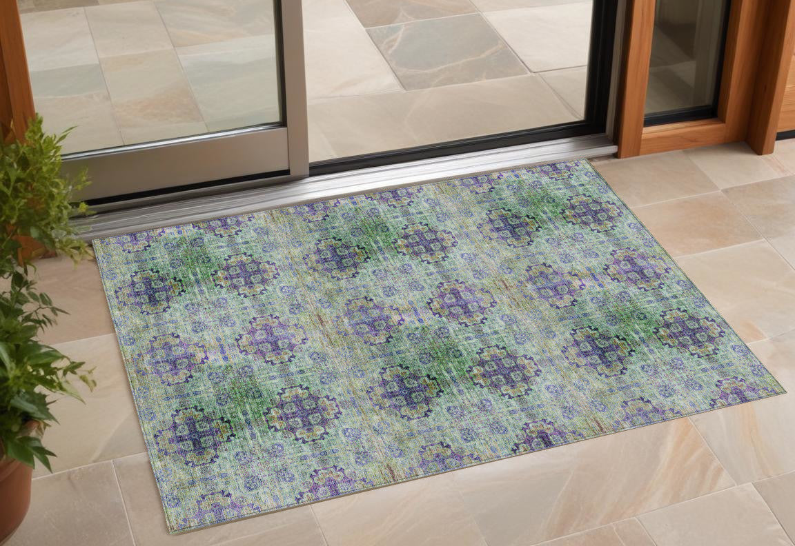 3' X 5' Purple And Green Floral Medallion Washable Non Skid Indoor Outdoor Area Rug