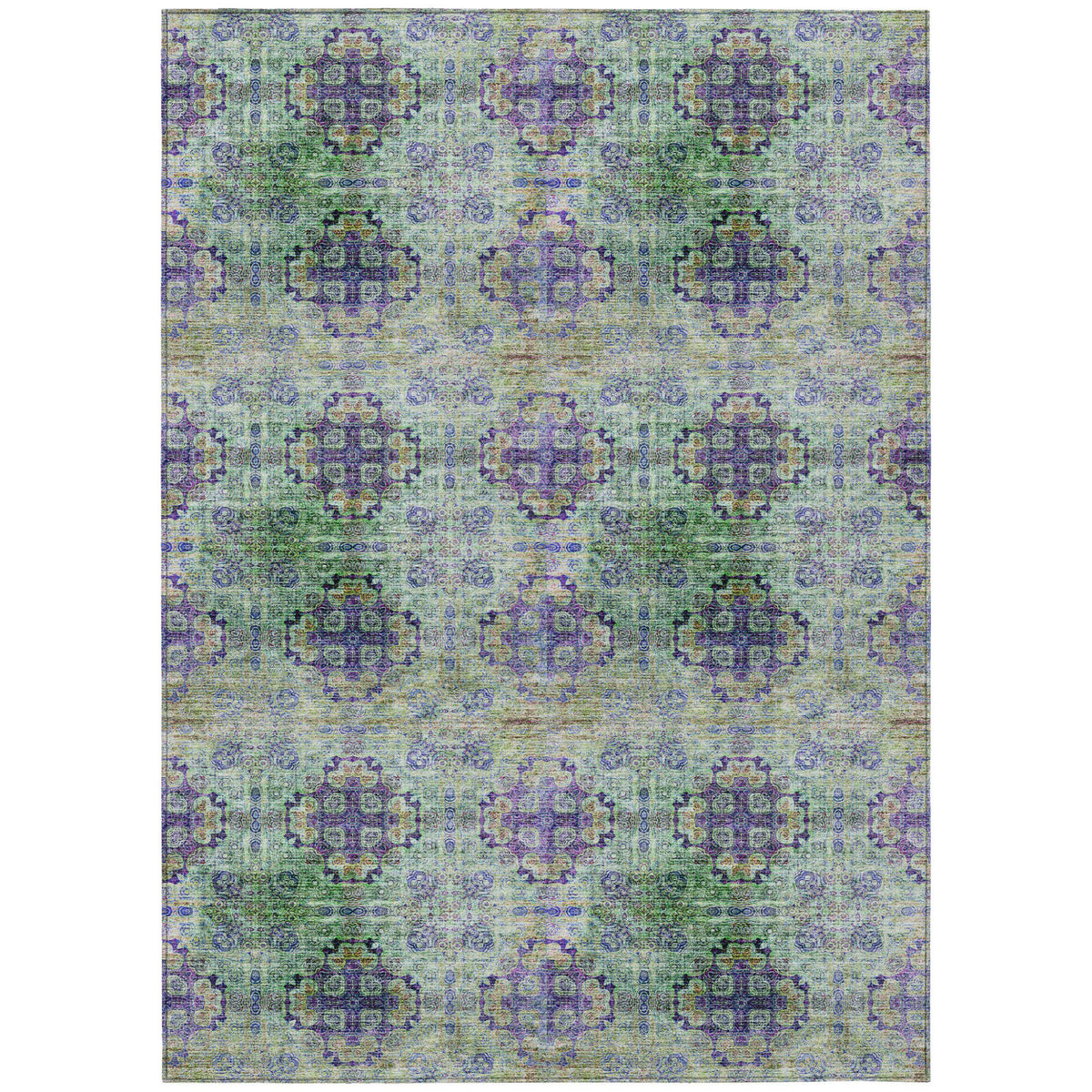 5' X 8' Purple And Green Floral Medallion Washable Non Skid Indoor Outdoor Area Rug