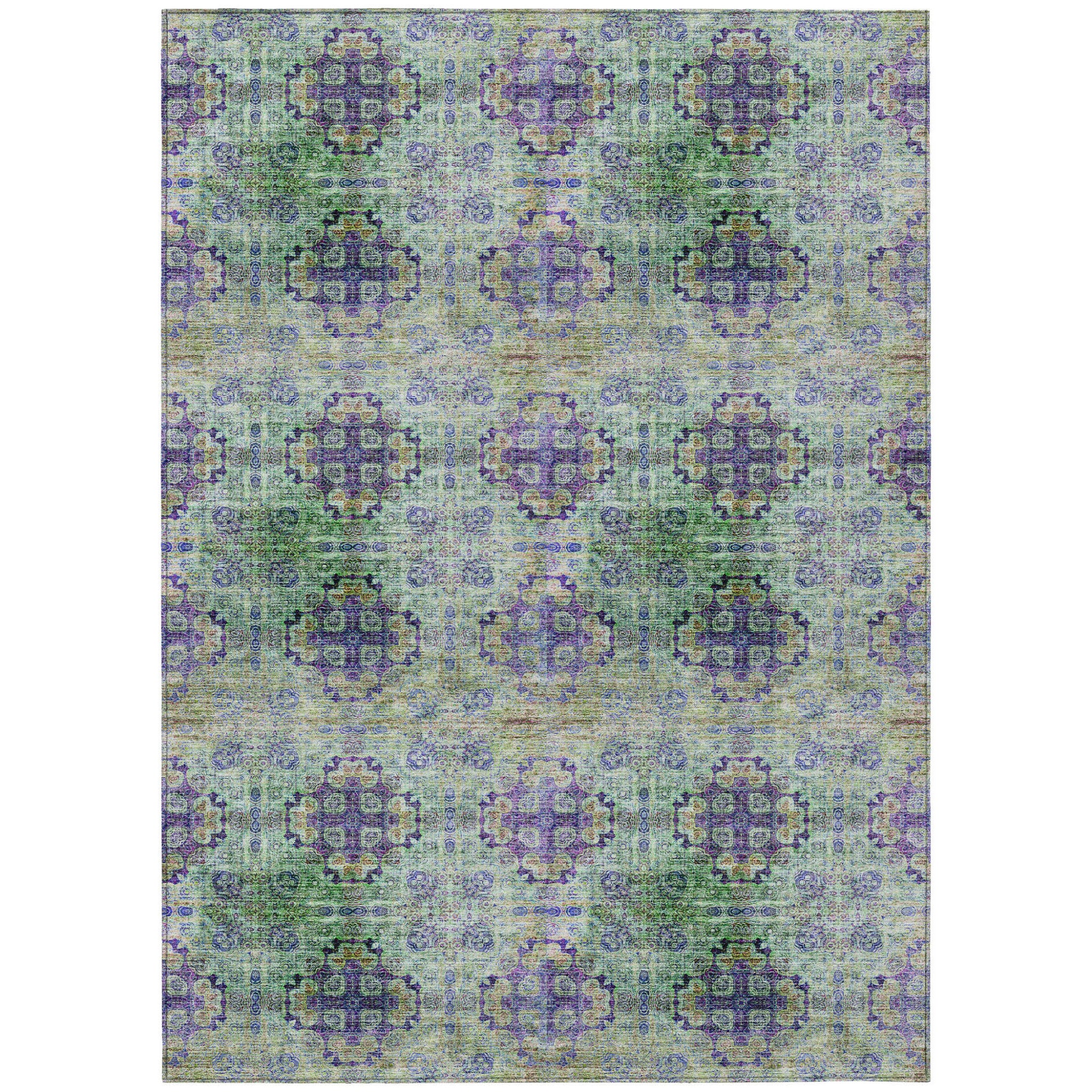 5' X 8' Purple And Green Floral Medallion Washable Non Skid Indoor Outdoor Area Rug