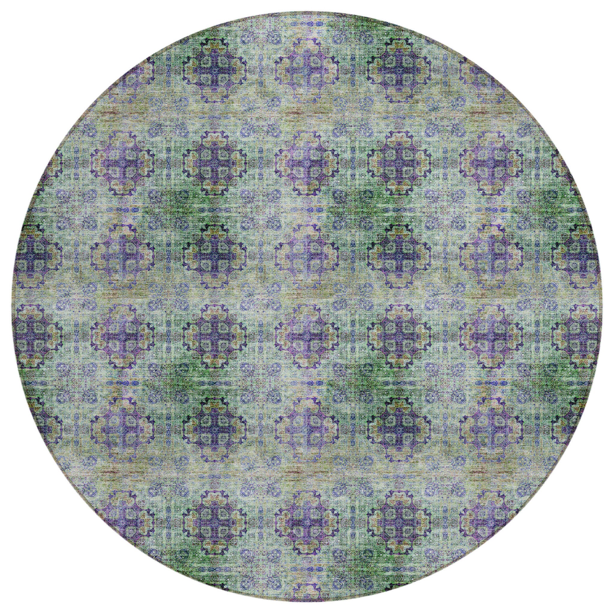 8' Round Purple And Green Round Floral Medallion Washable Non Skid Indoor Outdoor Area Rug