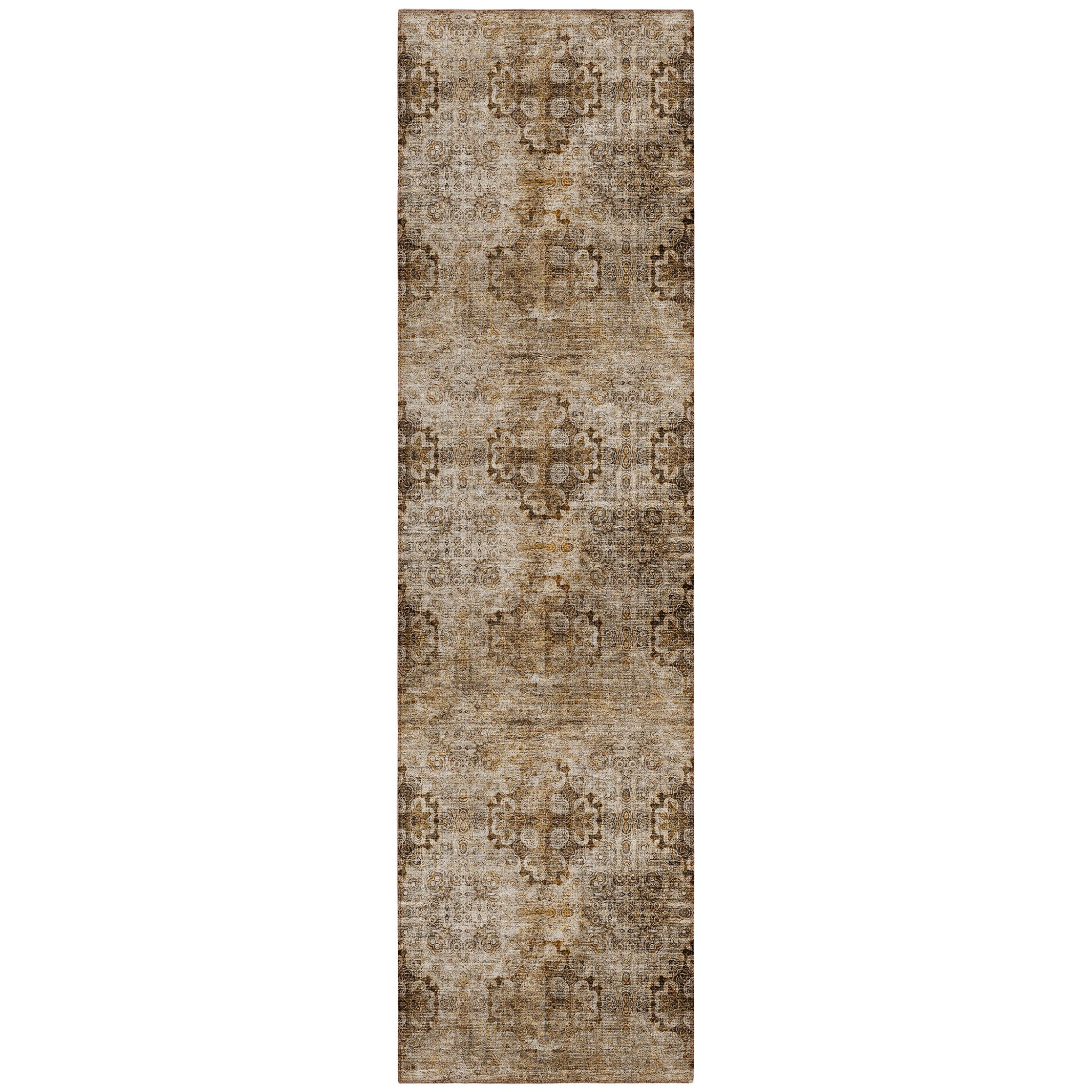 8' Runner Taupe Floral Medallion Washable Non Skid Indoor Outdoor Runner Rug