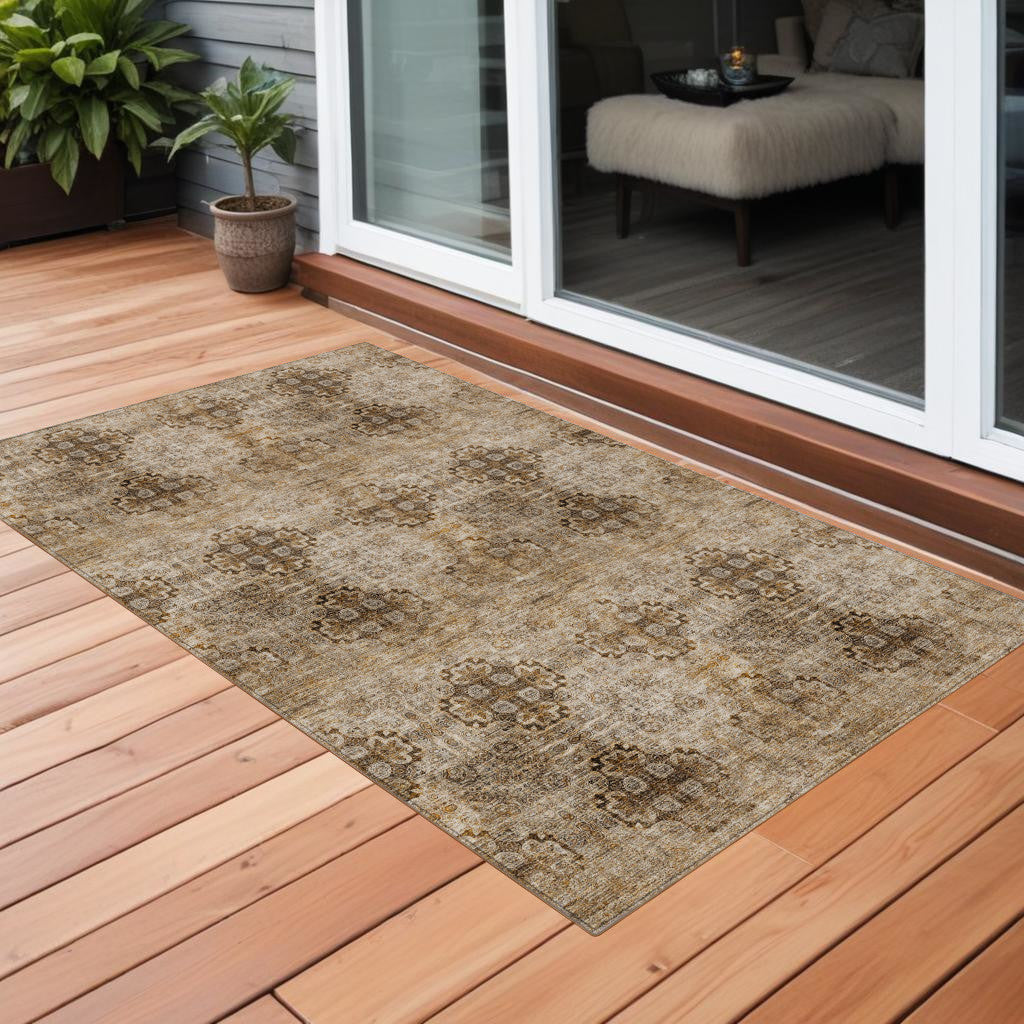 3' X 5' Taupe Floral Medallion Washable Non Skid Indoor Outdoor Area Rug