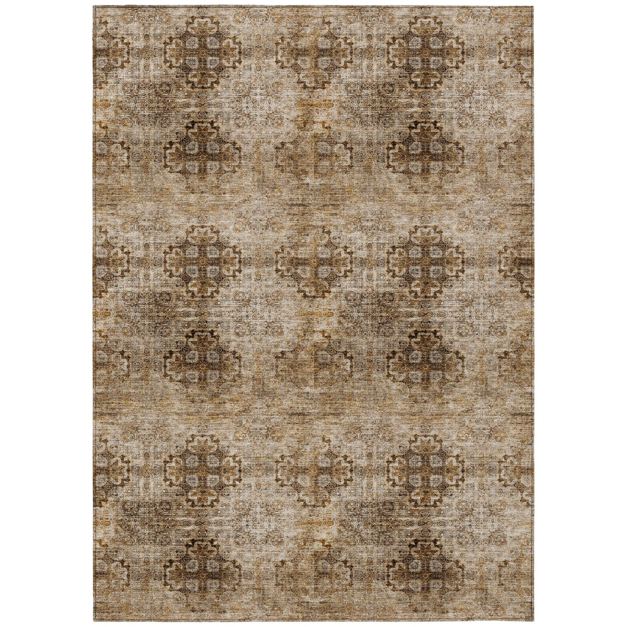 9' X 12' Taupe Floral Medallion Washable Non Skid Indoor Outdoor Area Rug