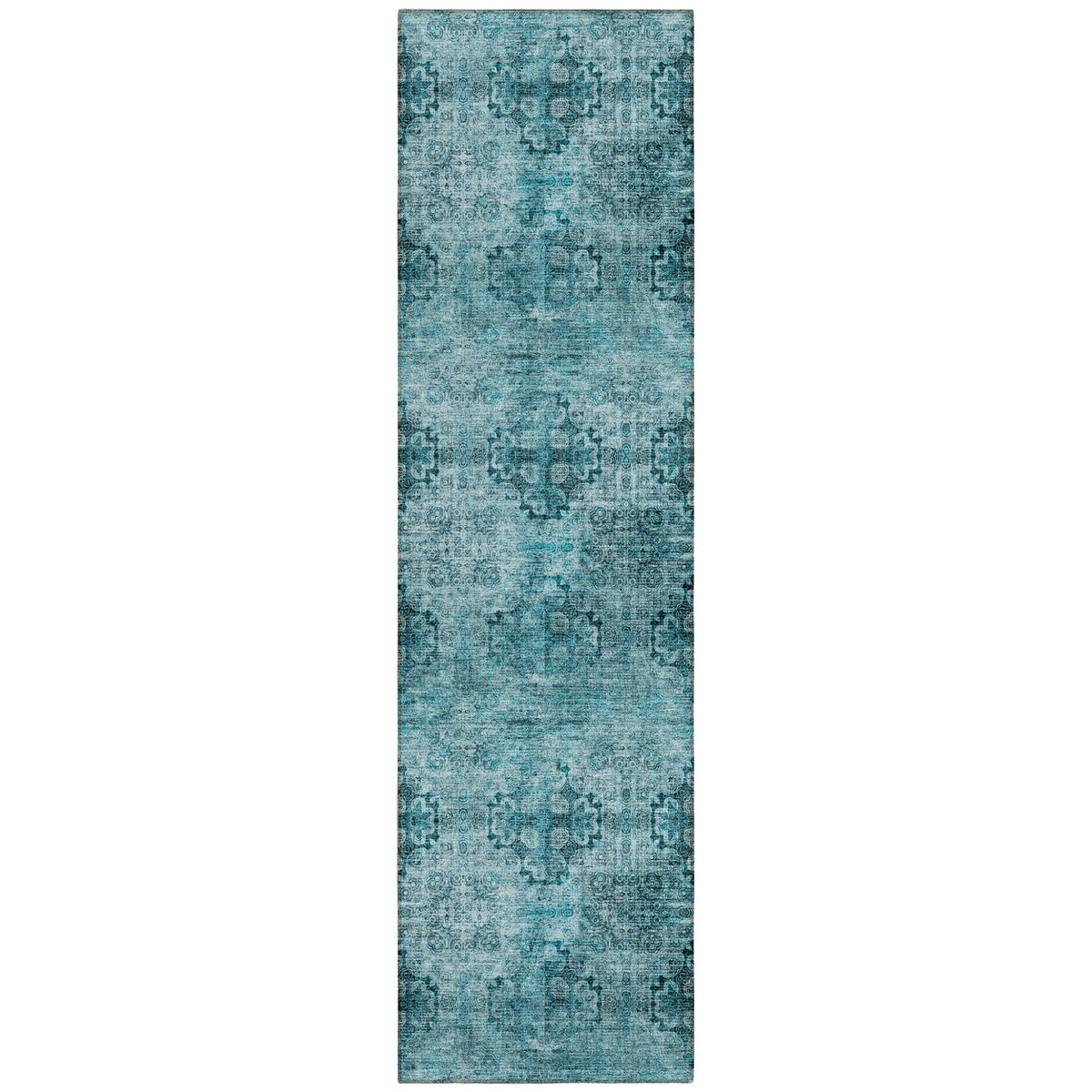 8' Runner Teal Floral Medallion Washable Non Skid Indoor Outdoor Runner Rug