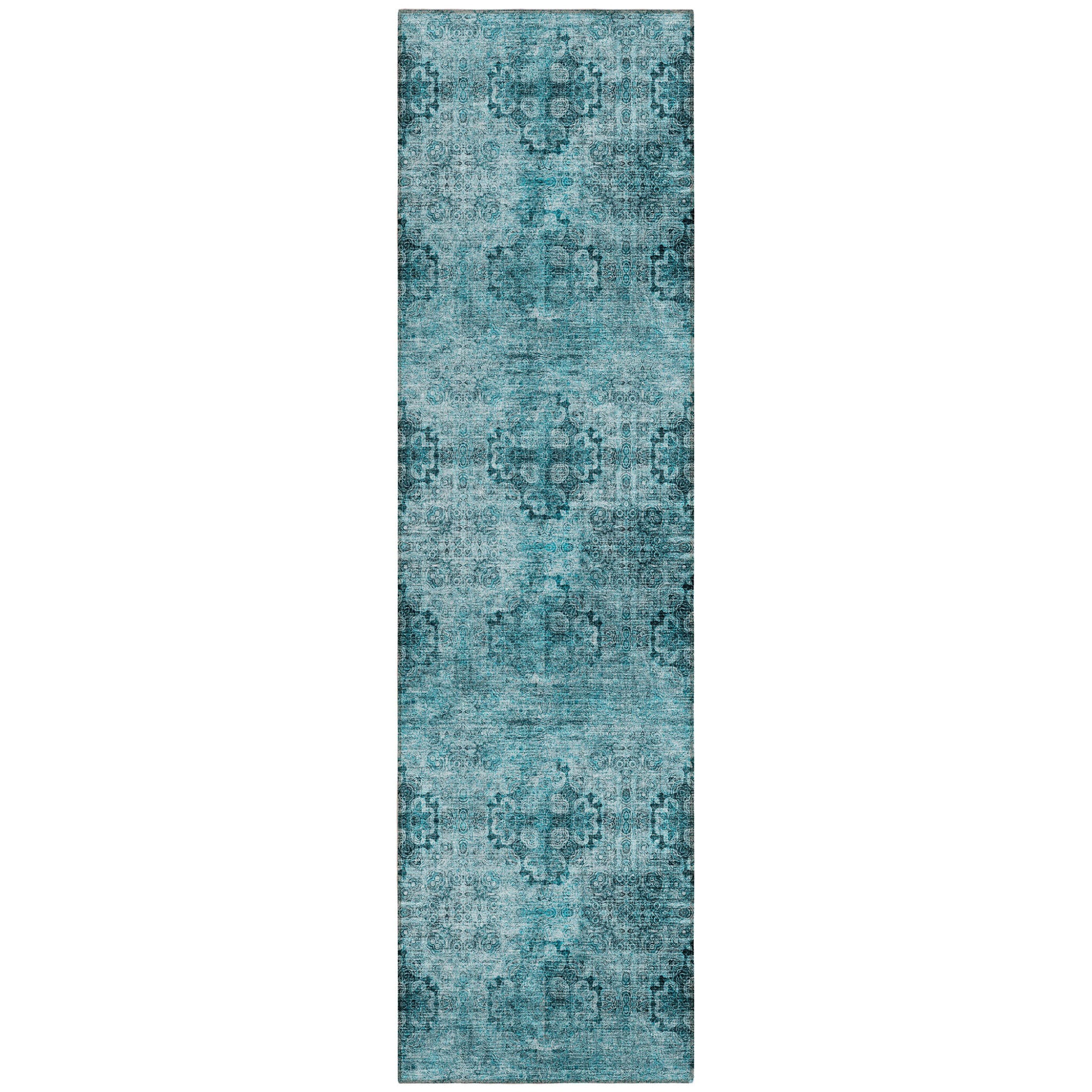8' Runner Teal Floral Medallion Washable Non Skid Indoor Outdoor Runner Rug