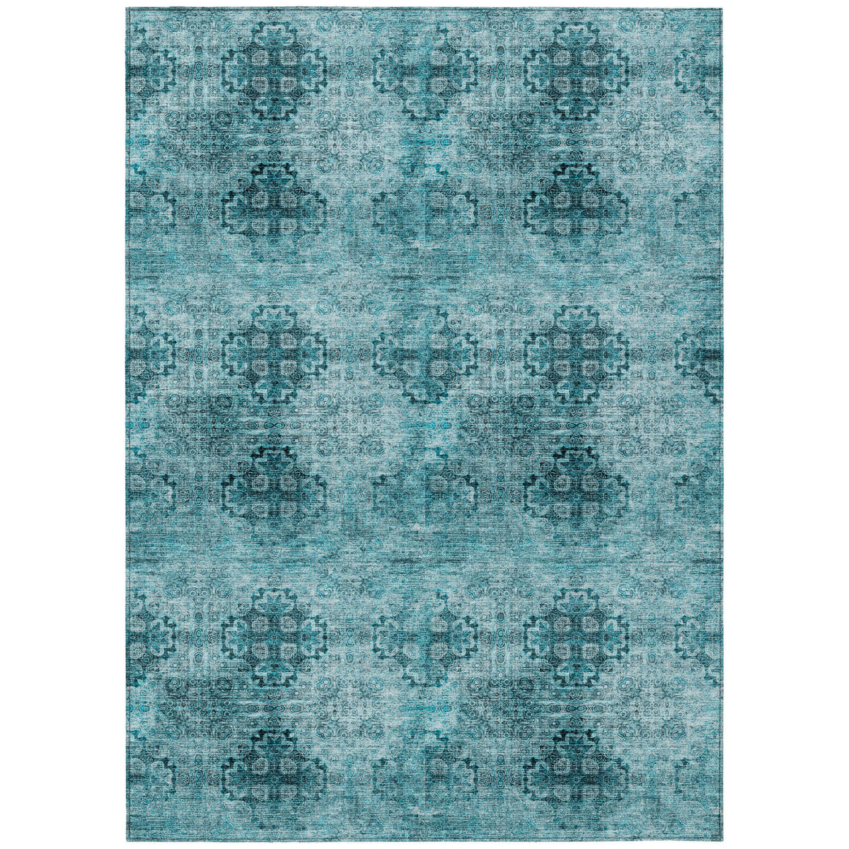 5' X 8' Teal Floral Medallion Washable Non Skid Indoor Outdoor Area Rug