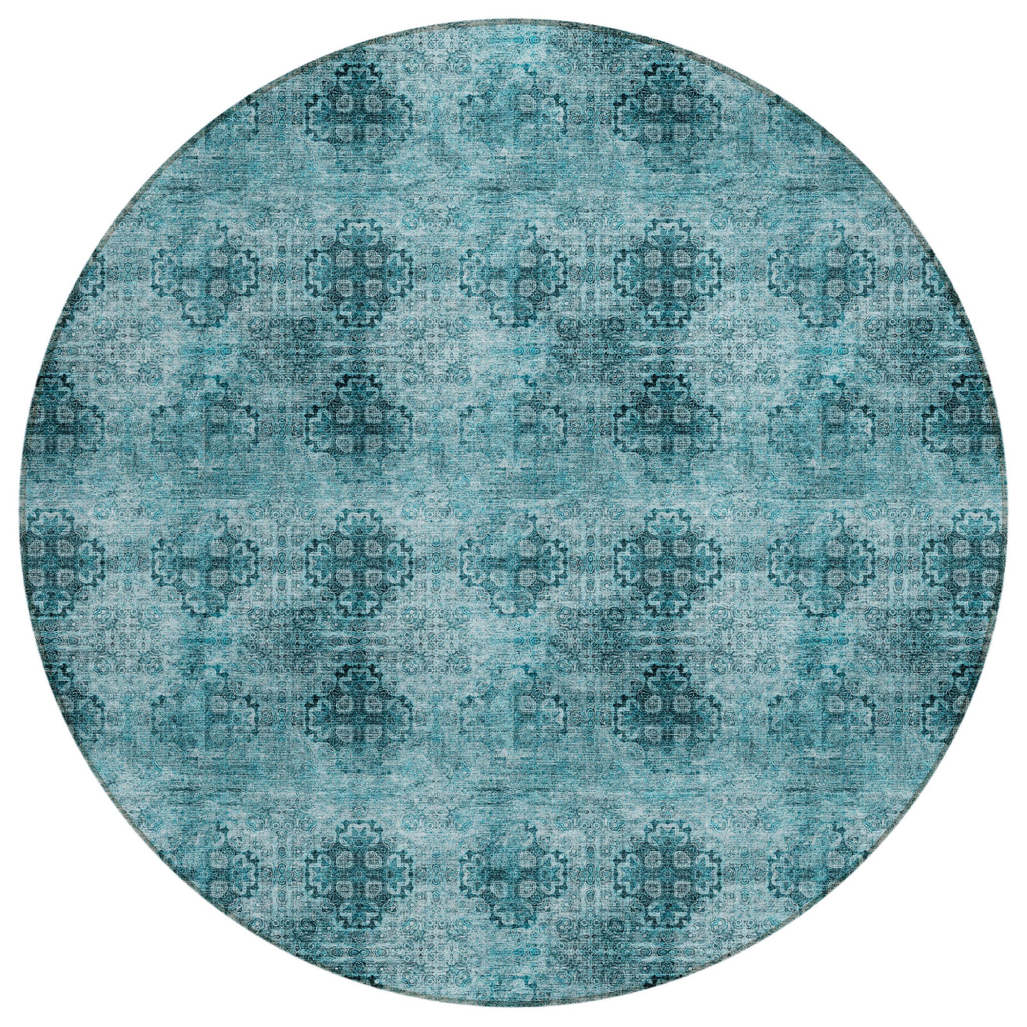 8' Round Teal Round Floral Medallion Washable Non Skid Indoor Outdoor Area Rug