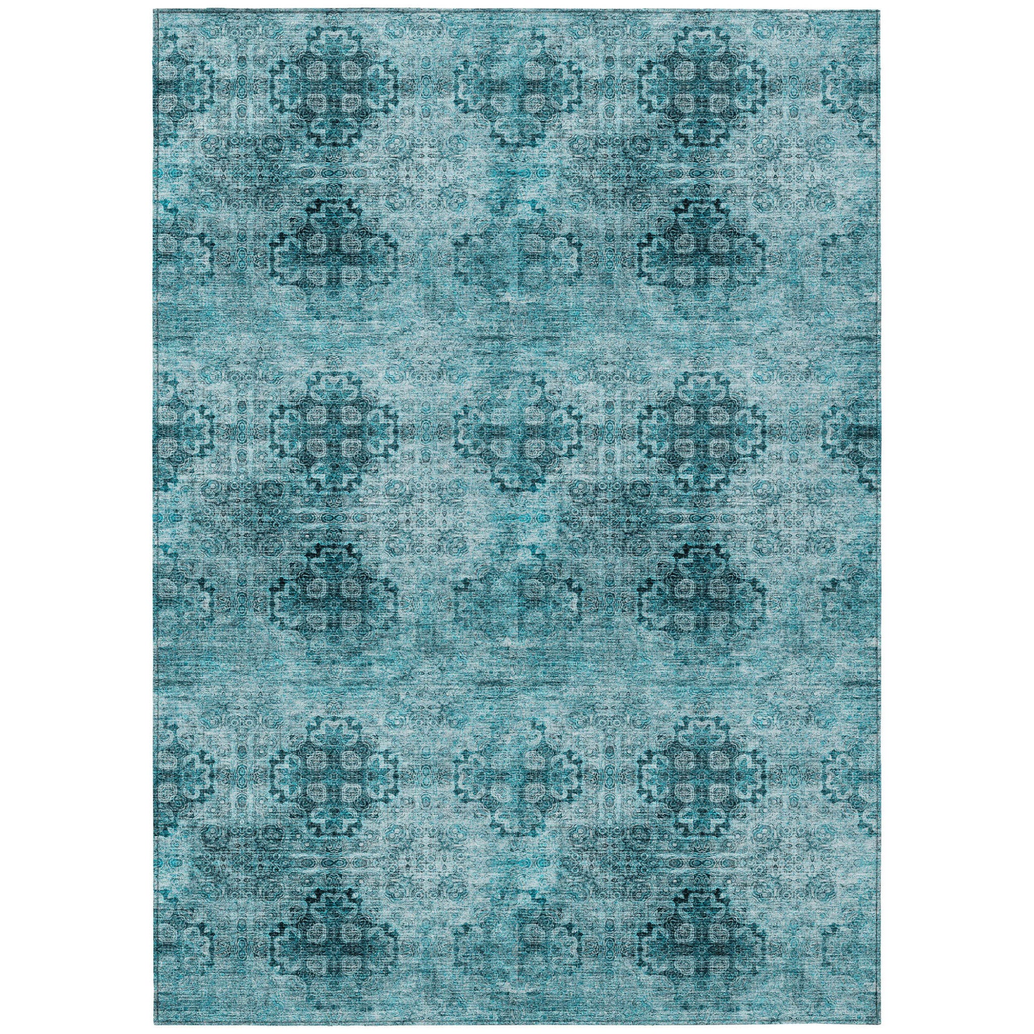 9' X 12' Teal Floral Medallion Washable Non Skid Indoor Outdoor Area Rug