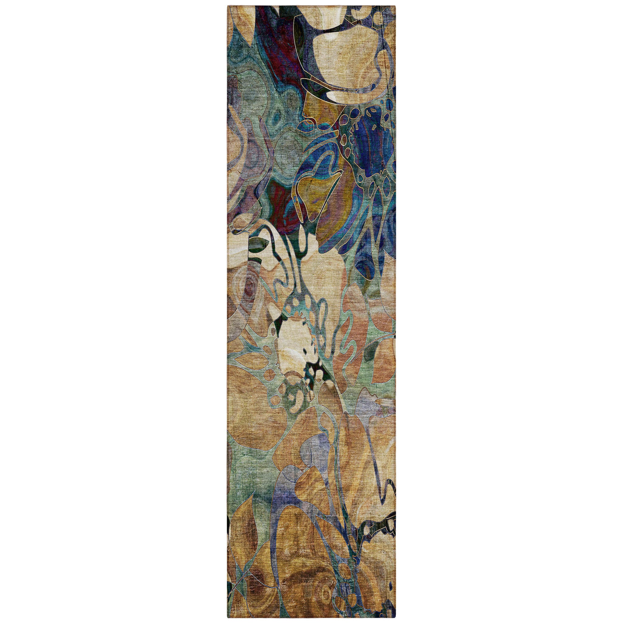 8' Runner Beige And Blue Floral Washable Non Skid Indoor Outdoor Runner Rug