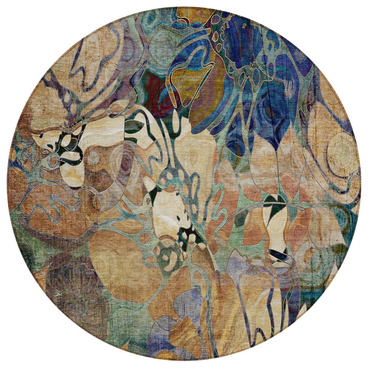 8' Round Beige And Blue Round Floral Washable Non Skid Indoor Outdoor Area Rug