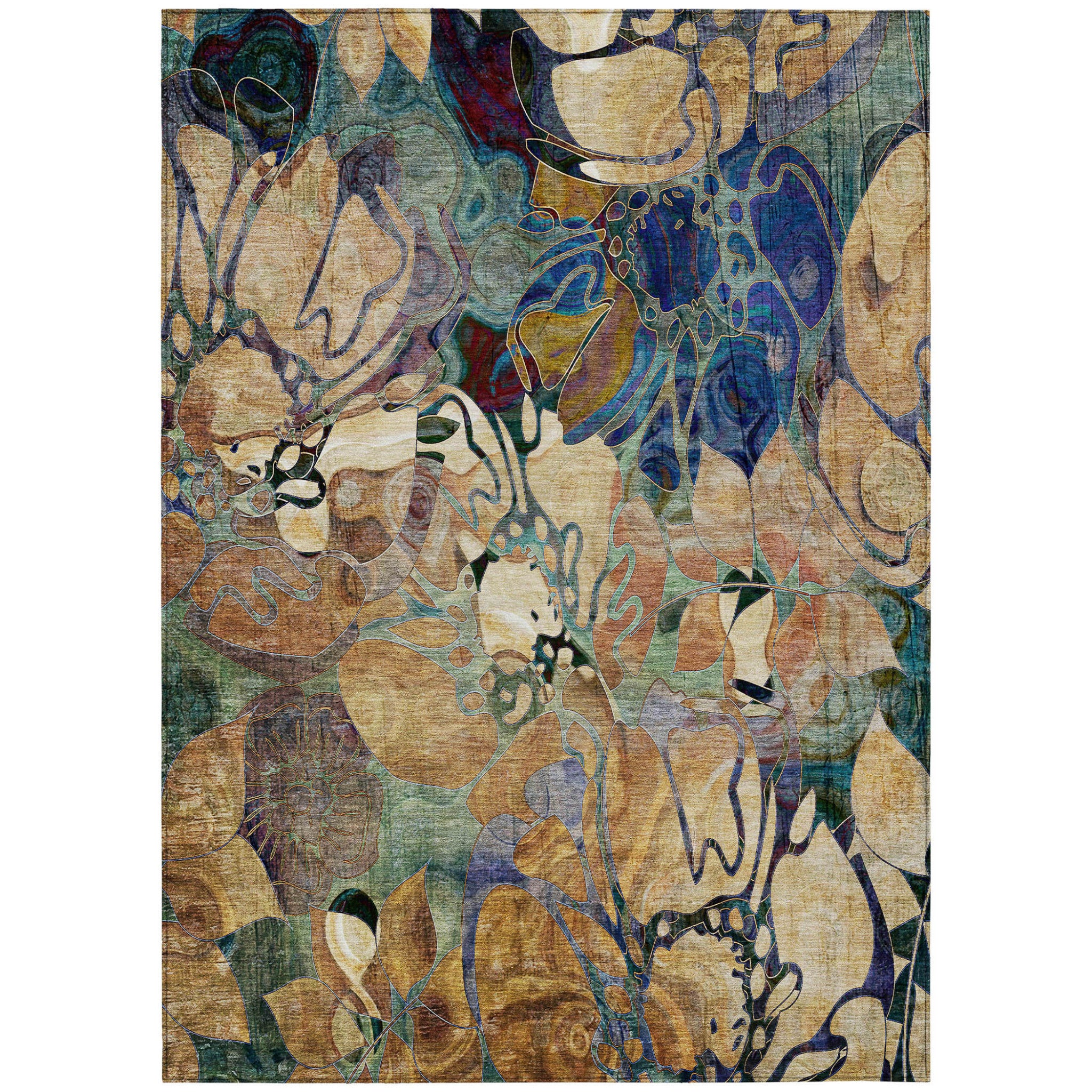 10' X 14' Beige And Blue Floral Washable Non Skid Indoor Outdoor Area Rug