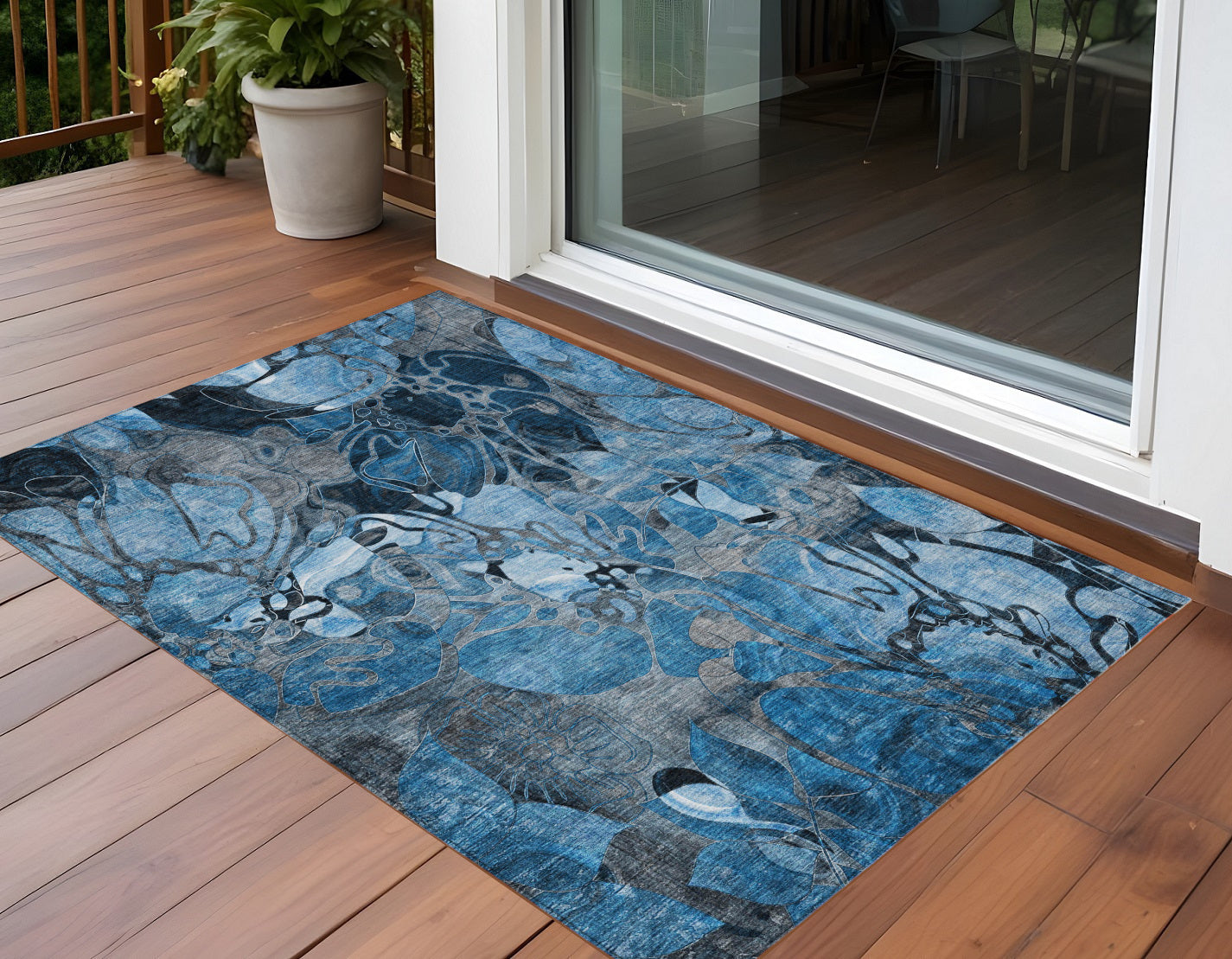 2' X 3' Blue And Gray Floral Washable Non Skid Indoor Outdoor Area Rug
