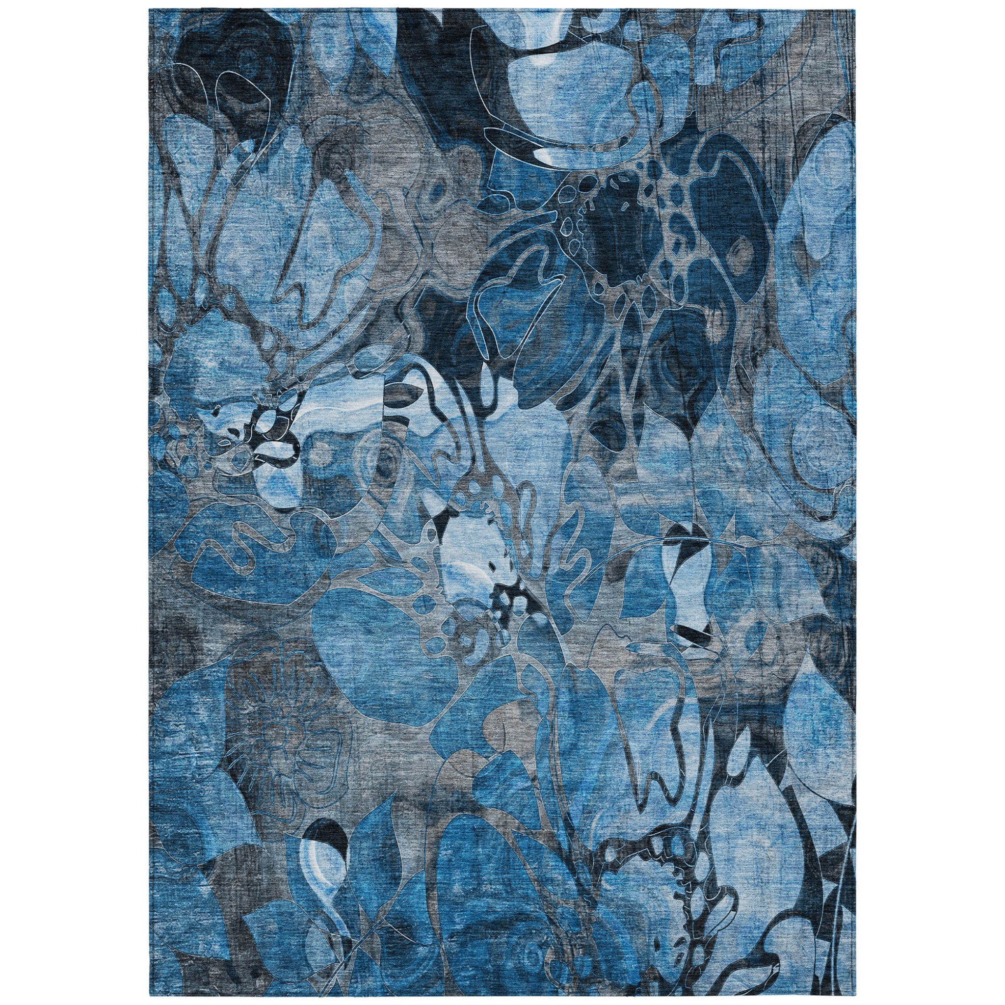 5' X 8' Blue And Gray Floral Washable Non Skid Indoor Outdoor Area Rug