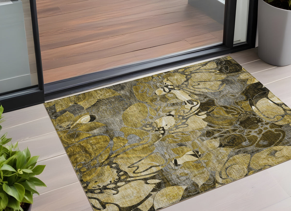 3' X 5' Green And Brown Floral Washable Non Skid Indoor Outdoor Area Rug