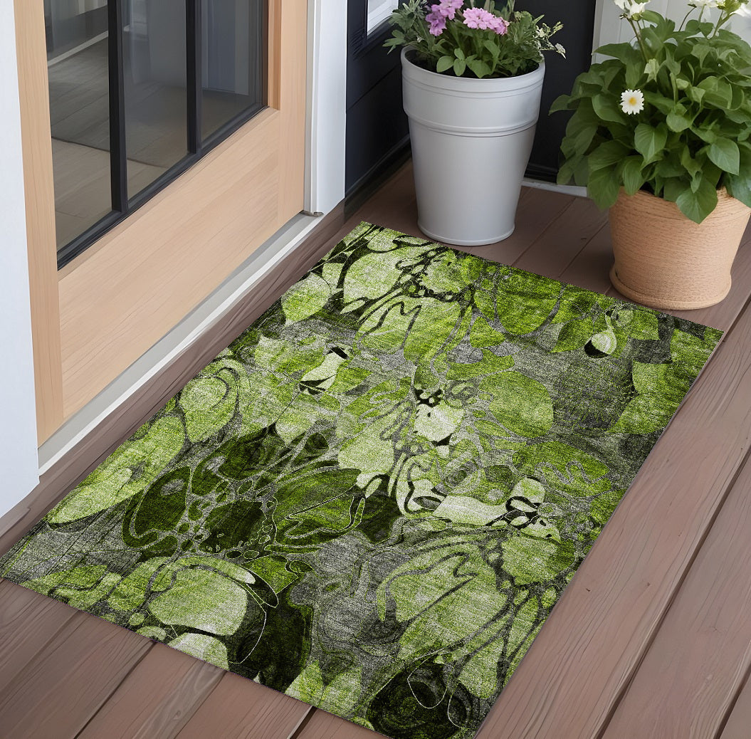 2' X 3' Fern Green And Gray Floral Washable Non Skid Indoor Outdoor Area Rug