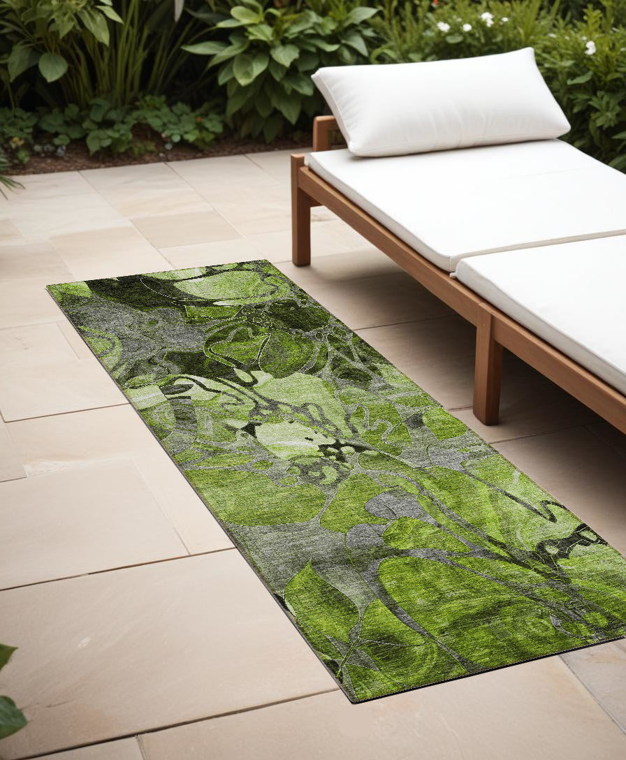 8' Runner Fern Green And Gray Floral Washable Non Skid Indoor Outdoor Runner Rug