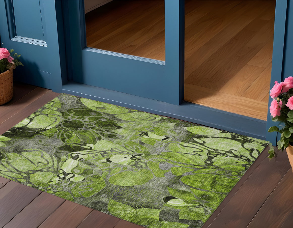 3' X 5' Fern Green And Gray Floral Washable Non Skid Indoor Outdoor Area Rug
