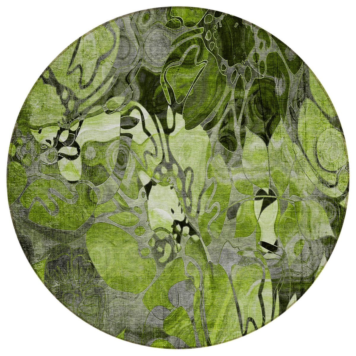 8' Round Fern Green And Gray Round Floral Washable Non Skid Indoor Outdoor Area Rug