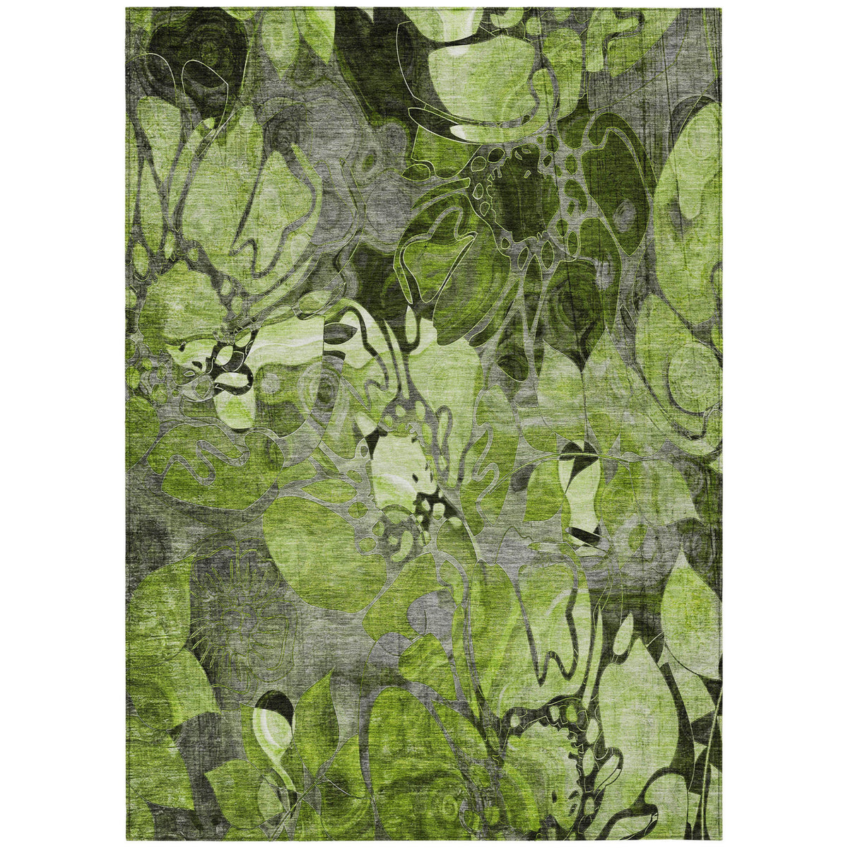 9' X 12' Fern Green And Gray Floral Washable Non Skid Indoor Outdoor Area Rug