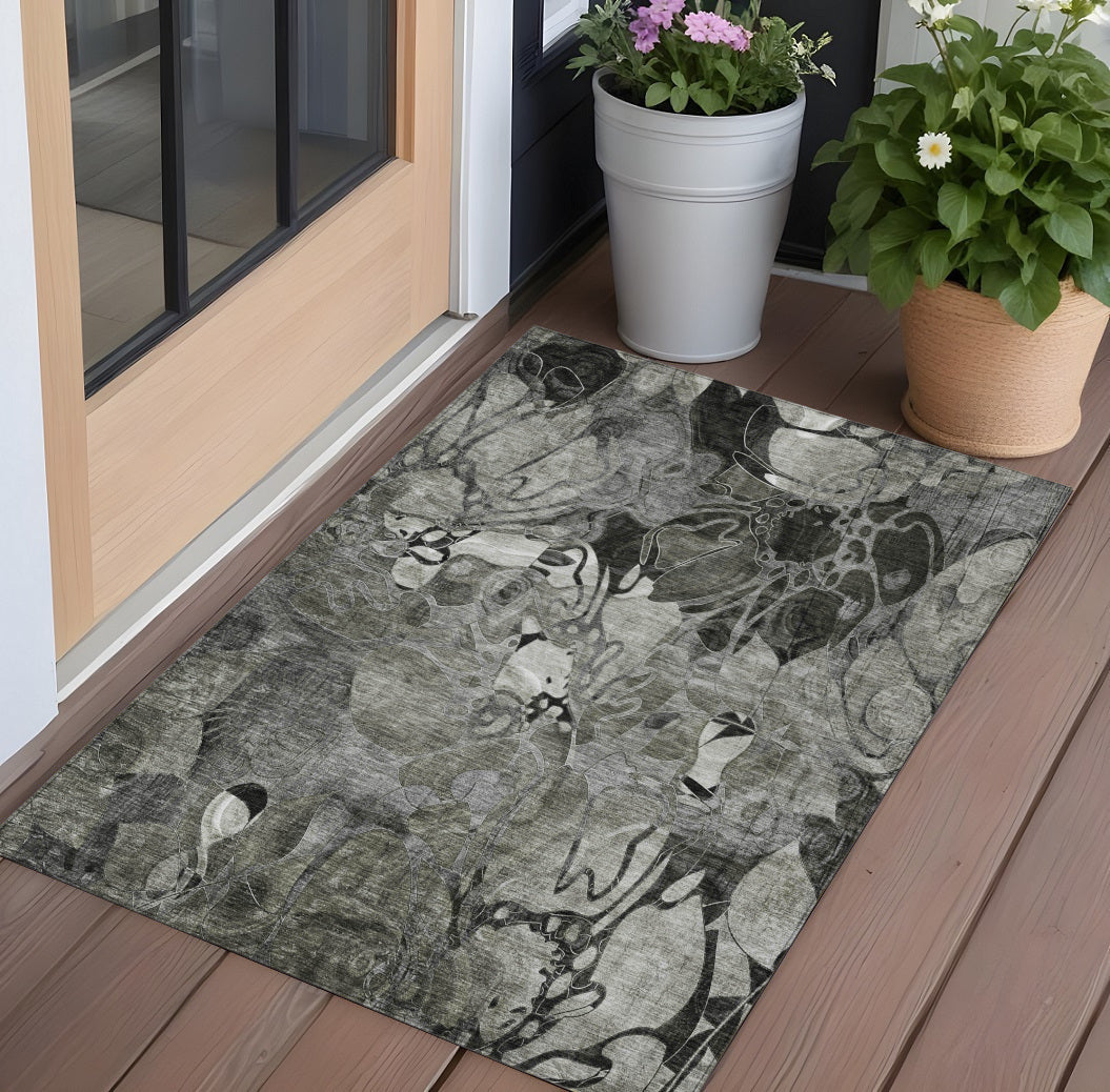 3' X 5' Gray Floral Washable Non Skid Indoor Outdoor Area Rug