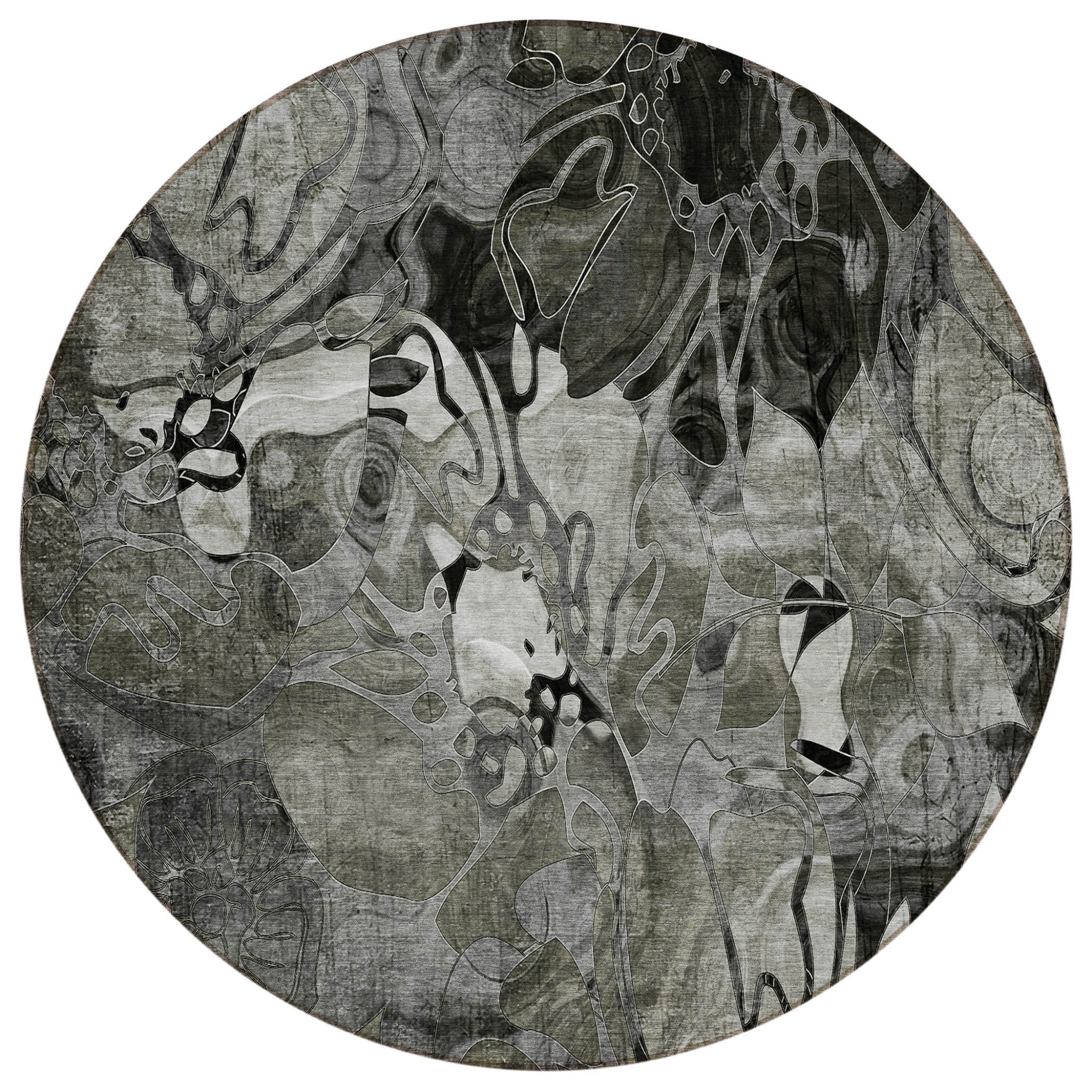 8' Round Gray Round Floral Washable Non Skid Indoor Outdoor Area Rug