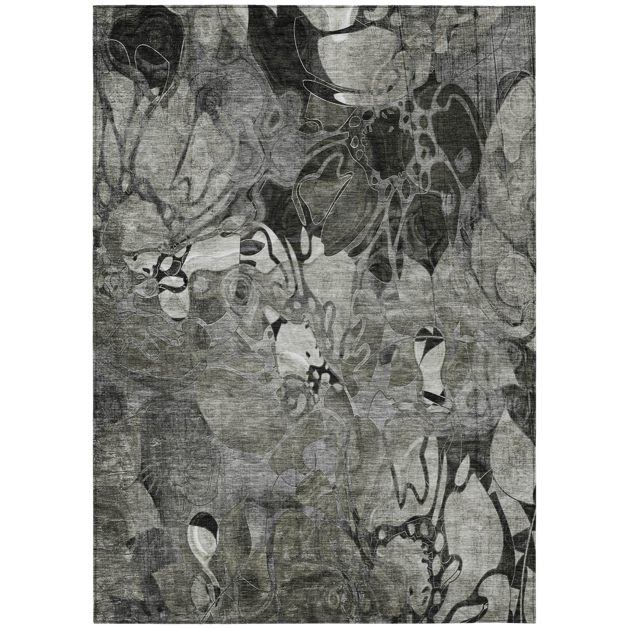 9' X 12' Gray Floral Washable Non Skid Indoor Outdoor Area Rug