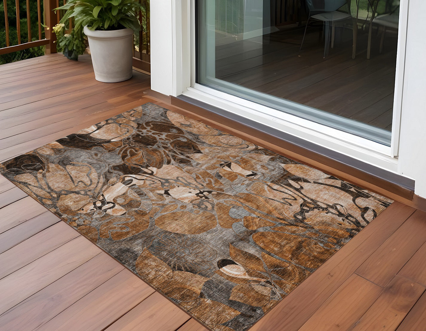 2' X 3' Chocolate Terracotta And Ivory Floral Washable Non Skid Indoor Outdoor Area Rug