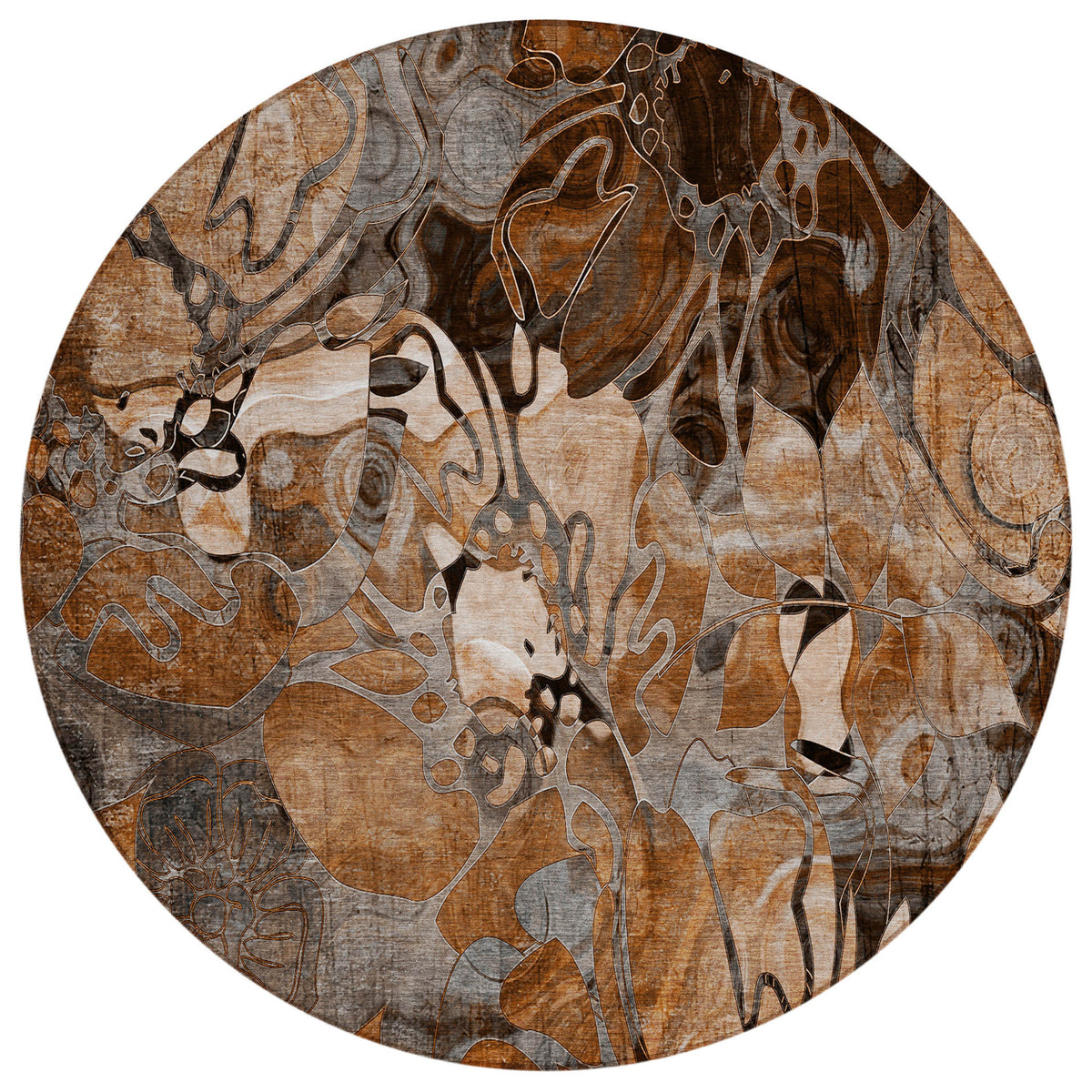 8' Round Chocolate Terracotta And Ivory Round Floral Washable Non Skid Indoor Outdoor Area Rug