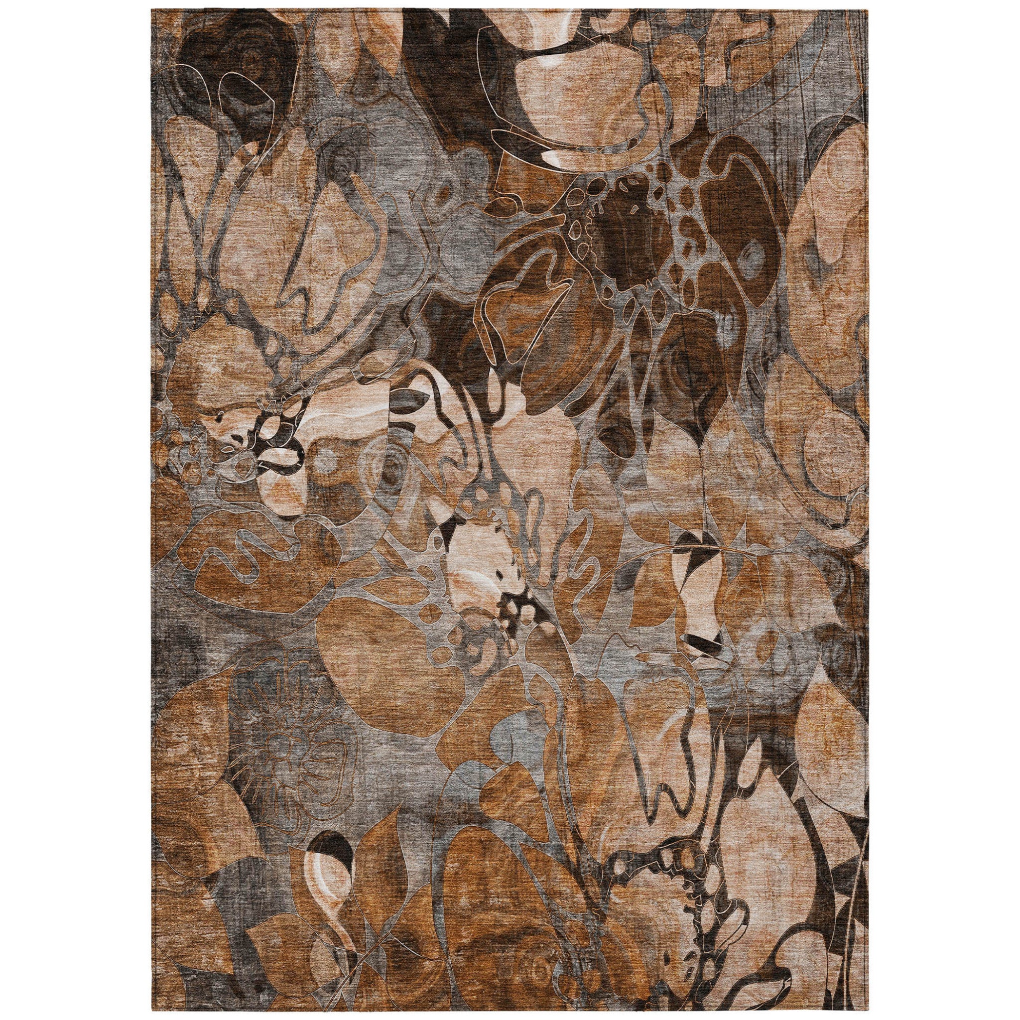 8' X 10' Chocolate Terracotta And Ivory Floral Washable Non Skid Indoor Outdoor Area Rug