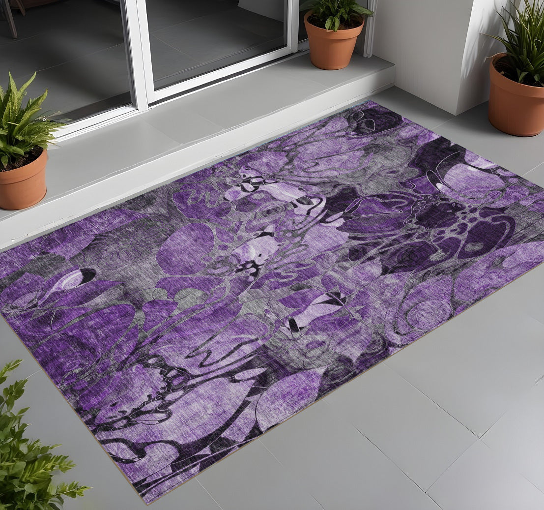 3' X 5' Purple Floral Washable Non Skid Indoor Outdoor Area Rug