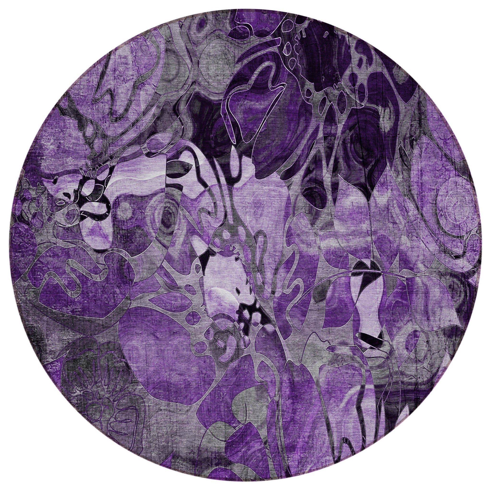 8' Round Purple Round Floral Washable Non Skid Indoor Outdoor Area Rug