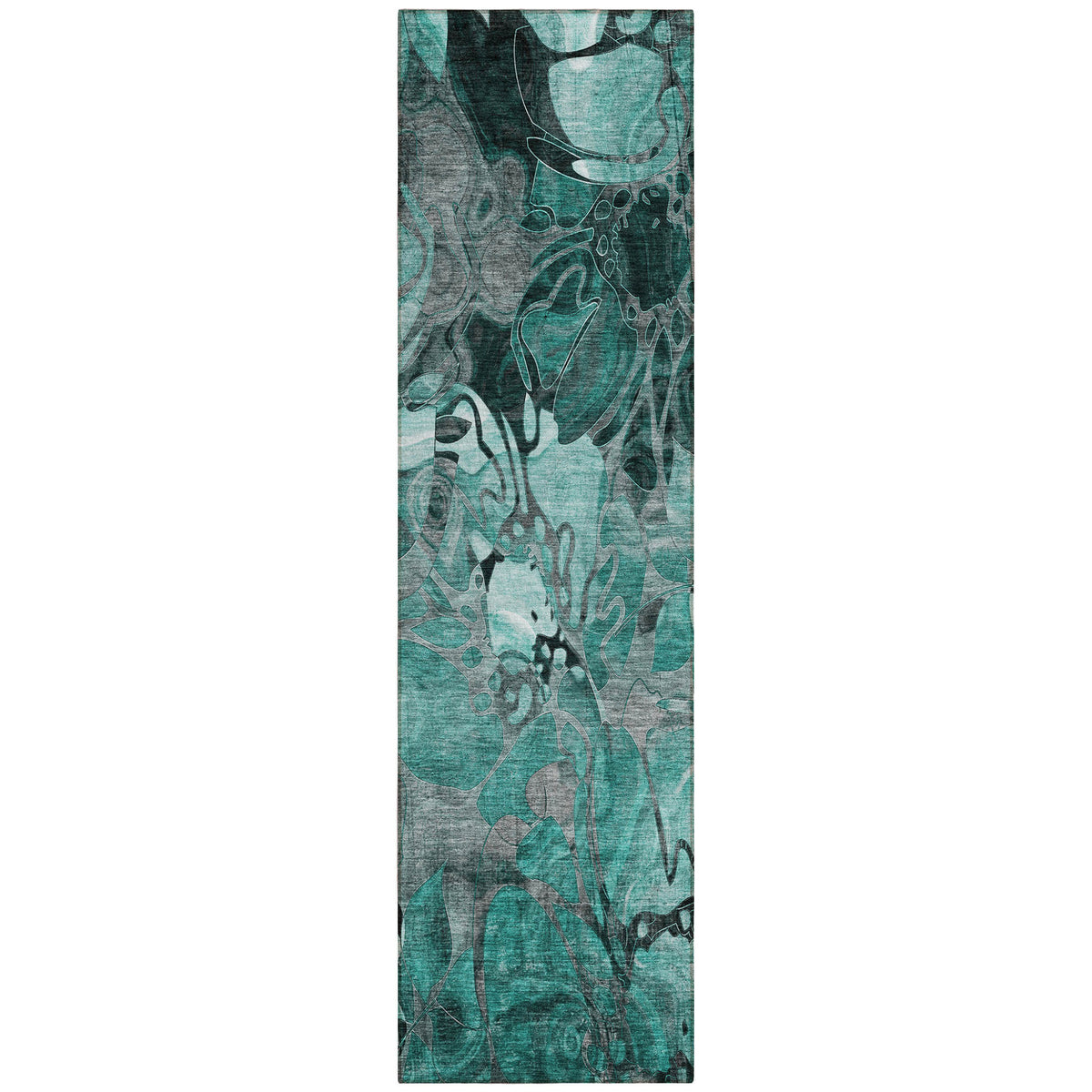 8' Runner Teal Black And Gray Floral Washable Non Skid Indoor Outdoor Runner Rug