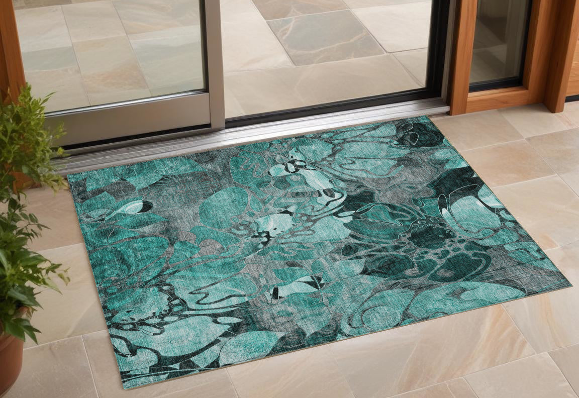 3' X 5' Teal Black And Gray Floral Washable Non Skid Indoor Outdoor Area Rug
