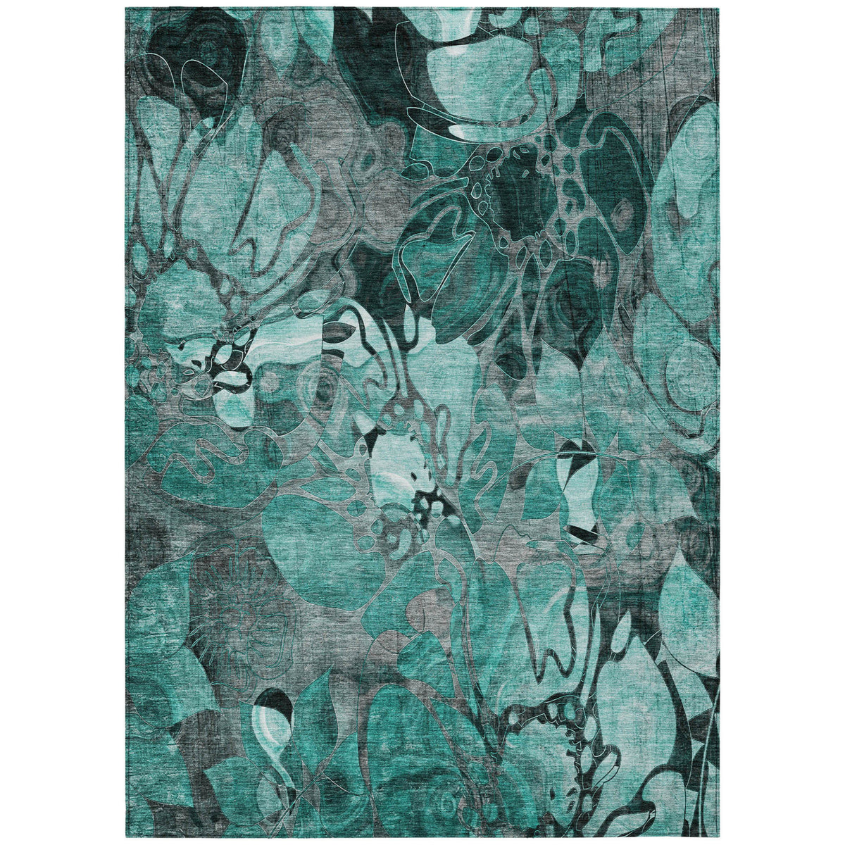 5' X 8' Teal Black And Gray Floral Washable Non Skid Indoor Outdoor Area Rug