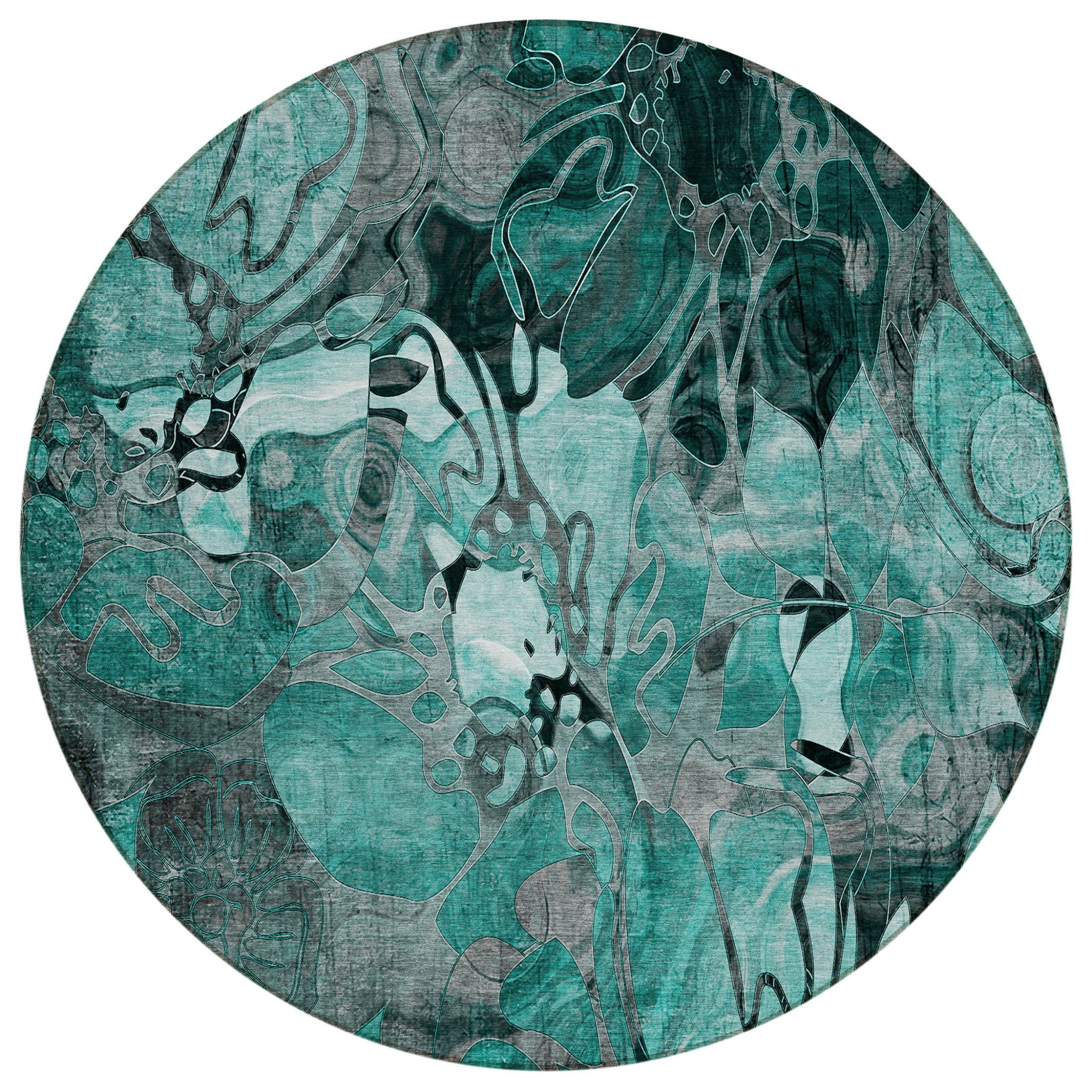 8' Round Teal Black And Gray Round Floral Washable Non Skid Indoor Outdoor Area Rug