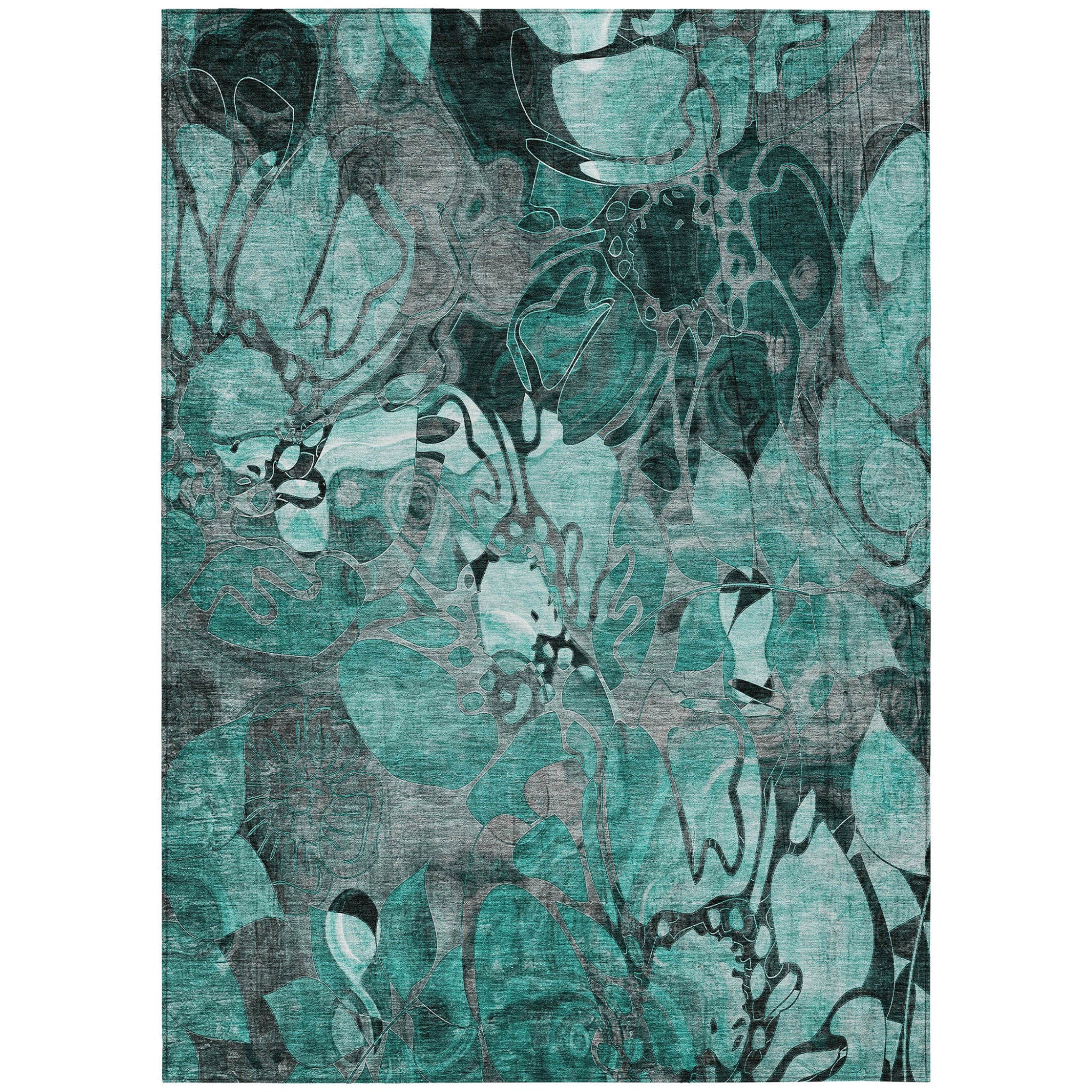 9' X 12' Teal Black And Gray Floral Washable Non Skid Indoor Outdoor Area Rug