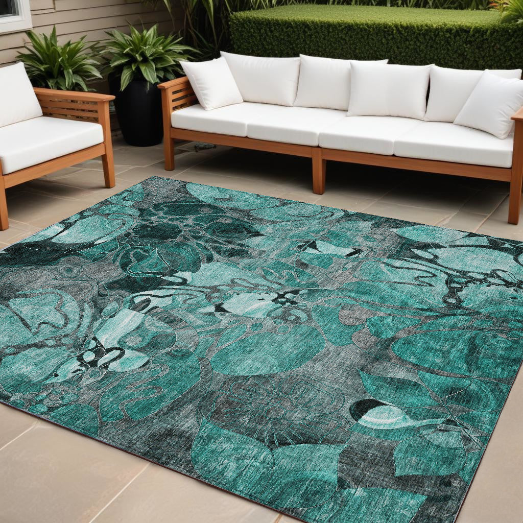 10' X 14' Teal Black And Gray Floral Washable Non Skid Indoor Outdoor Area Rug