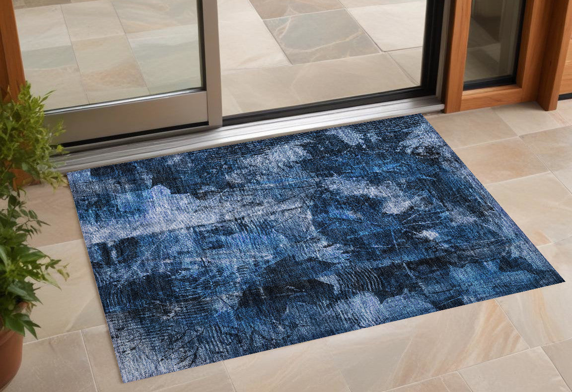 3' X 5' Navy Blue Floral Washable Non Skid Indoor Outdoor Area Rug