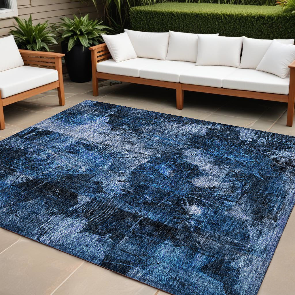 10' X 14' Navy Blue Floral Washable Non Skid Indoor Outdoor Area Rug