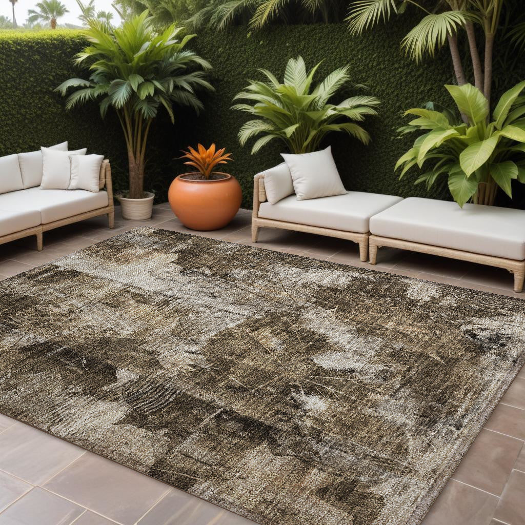 10' X 14' Taupe Floral Washable Non Skid Indoor Outdoor Area Rug