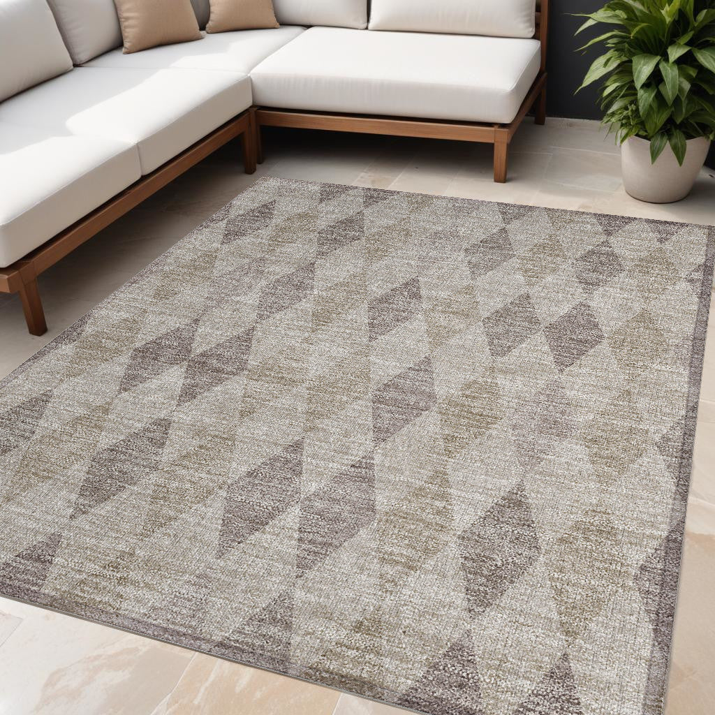 5' X 8' Beige Taupe And Brown Geometric Washable Non Skid Indoor Outdoor Area Rug
