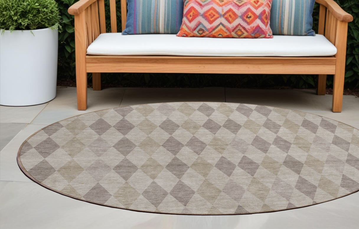 8' Round Beige Taupe And Brown Round Geometric Washable Non Skid Indoor Outdoor Area Rug