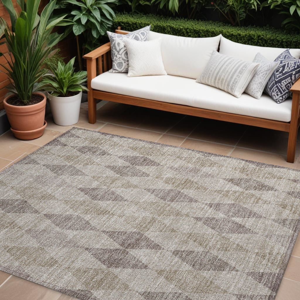 10' X 14' Beige Taupe And Brown Geometric Washable Non Skid Indoor Outdoor Area Rug