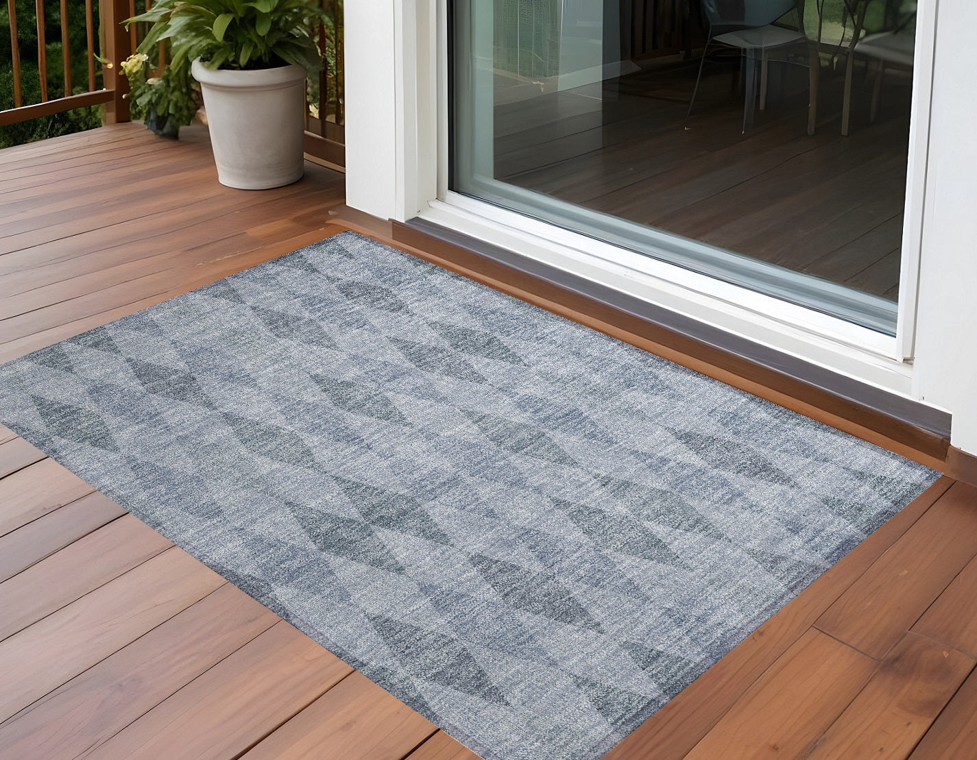 2' X 3' Denim Blue Geometric Washable Non Skid Indoor Outdoor Area Rug