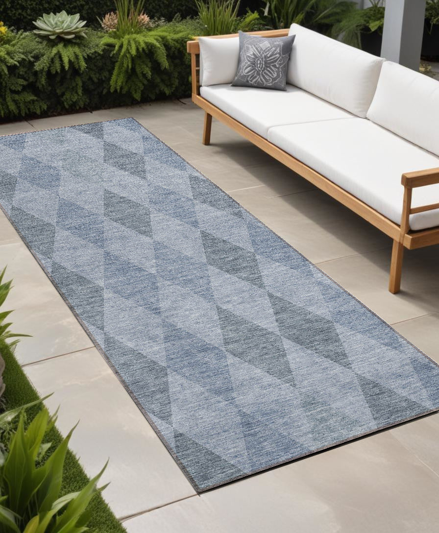 8' Runner Denim Blue Geometric Washable Non Skid Indoor Outdoor Runner Rug