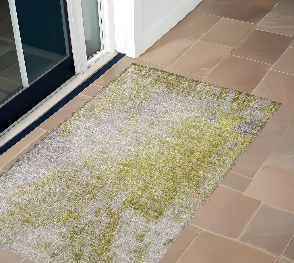 3' X 5' Gold Beige And Purple Abstract Washable Non Skid Indoor Outdoor Area Rug