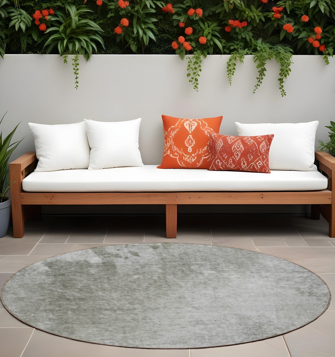 8' Round Gray And Off White Round Abstract Washable Non Skid Indoor Outdoor Area Rug